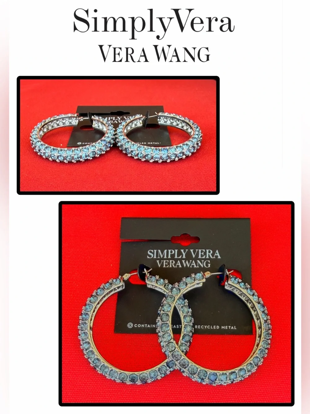 VERA WANG Silvertone w/blue crystal hoop earrings